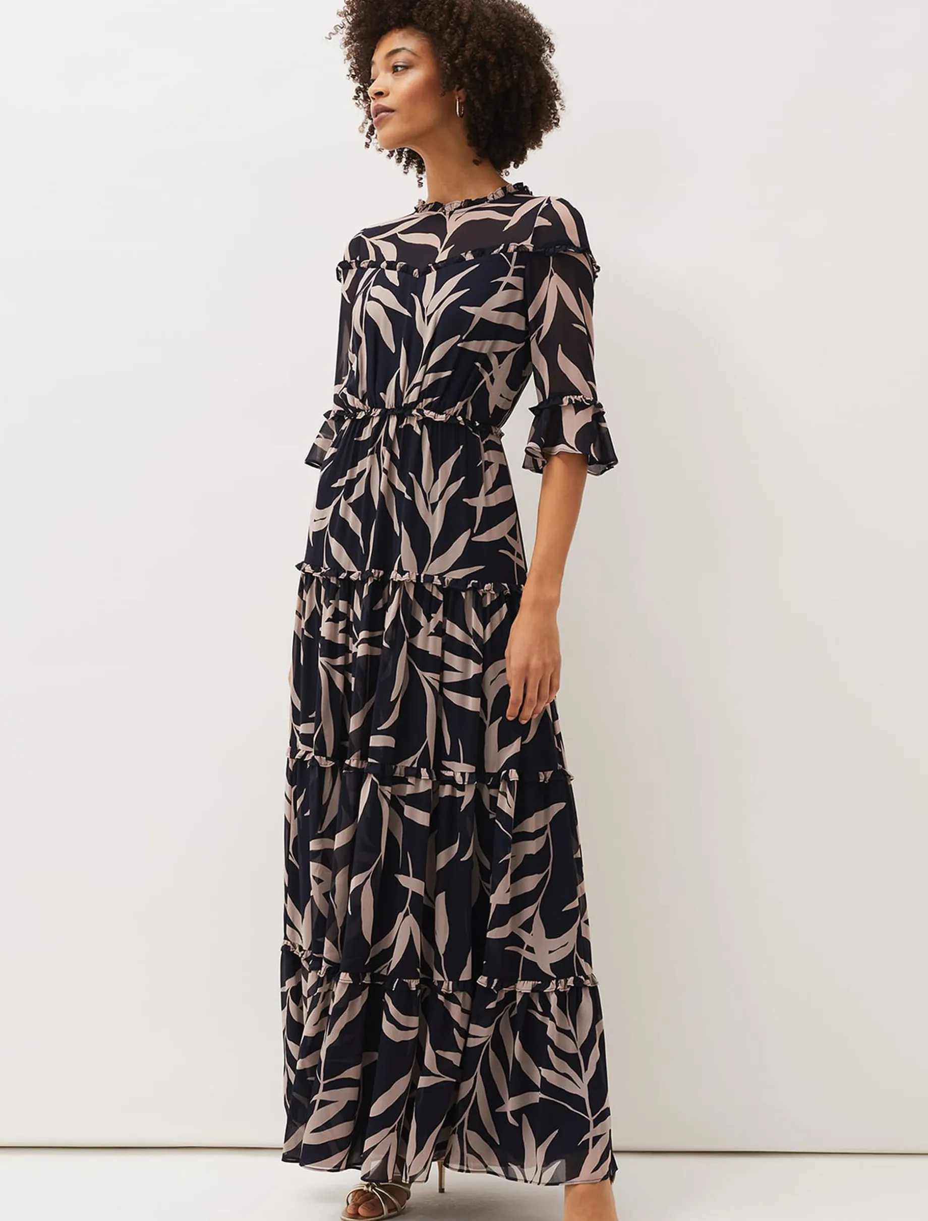 Amber Leaf Print Tiered Maxi Dress