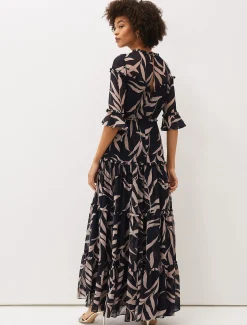 Amber Leaf Print Tiered Maxi Dress