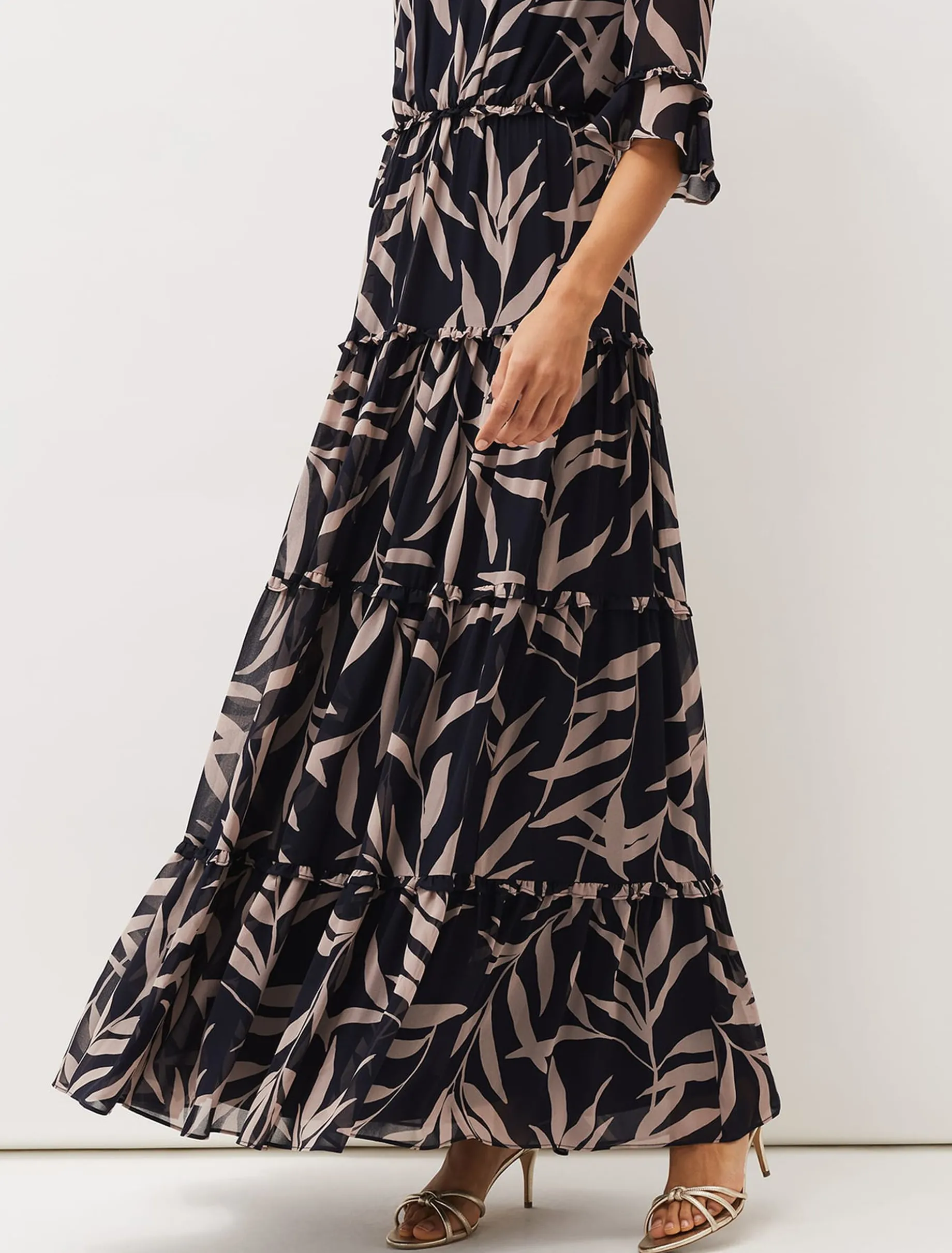 Amber Leaf Print Tiered Maxi Dress