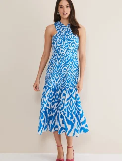 Bella Cross Neck Print Midi Dress