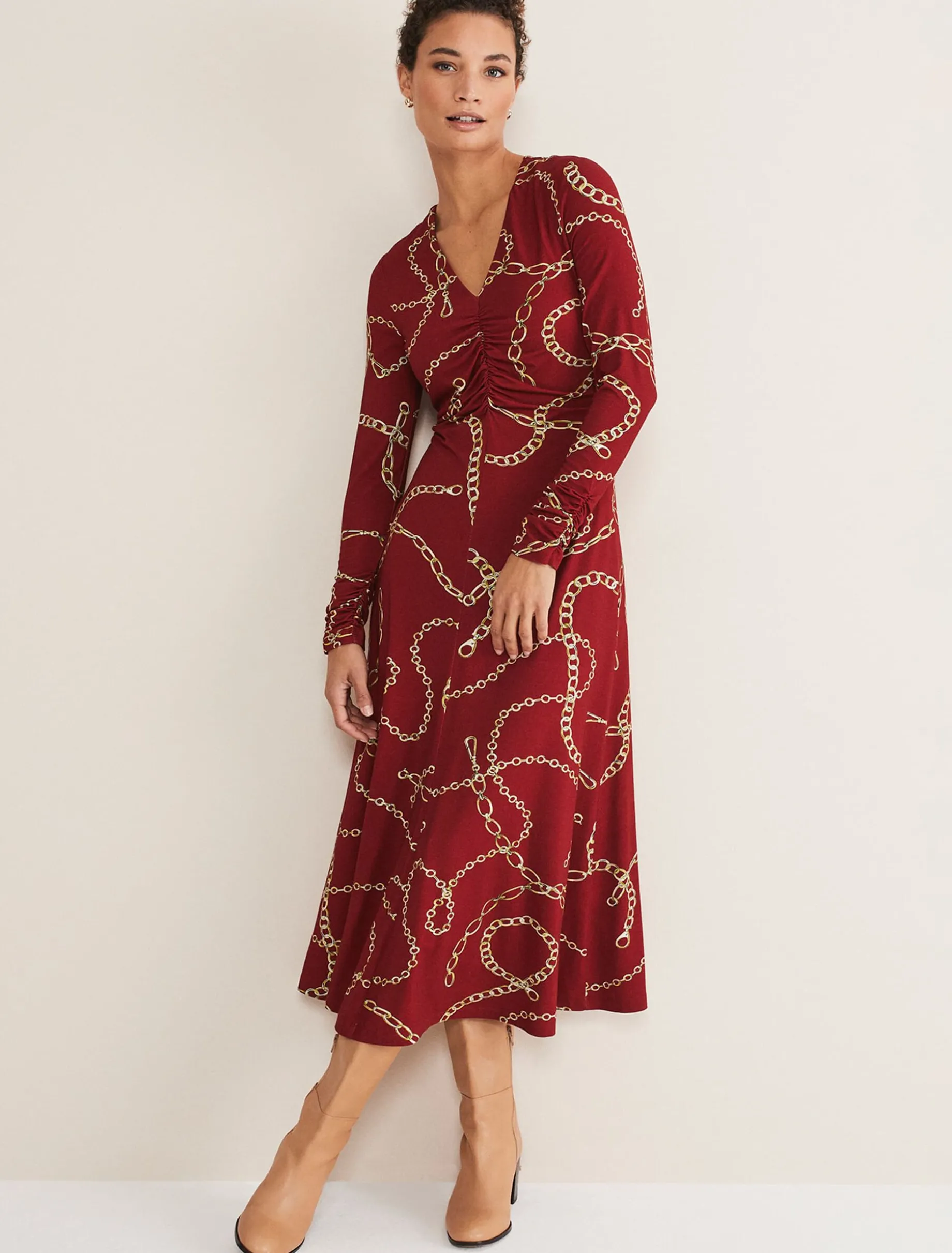 Cheska Chain Print Ruched Midi Dress
