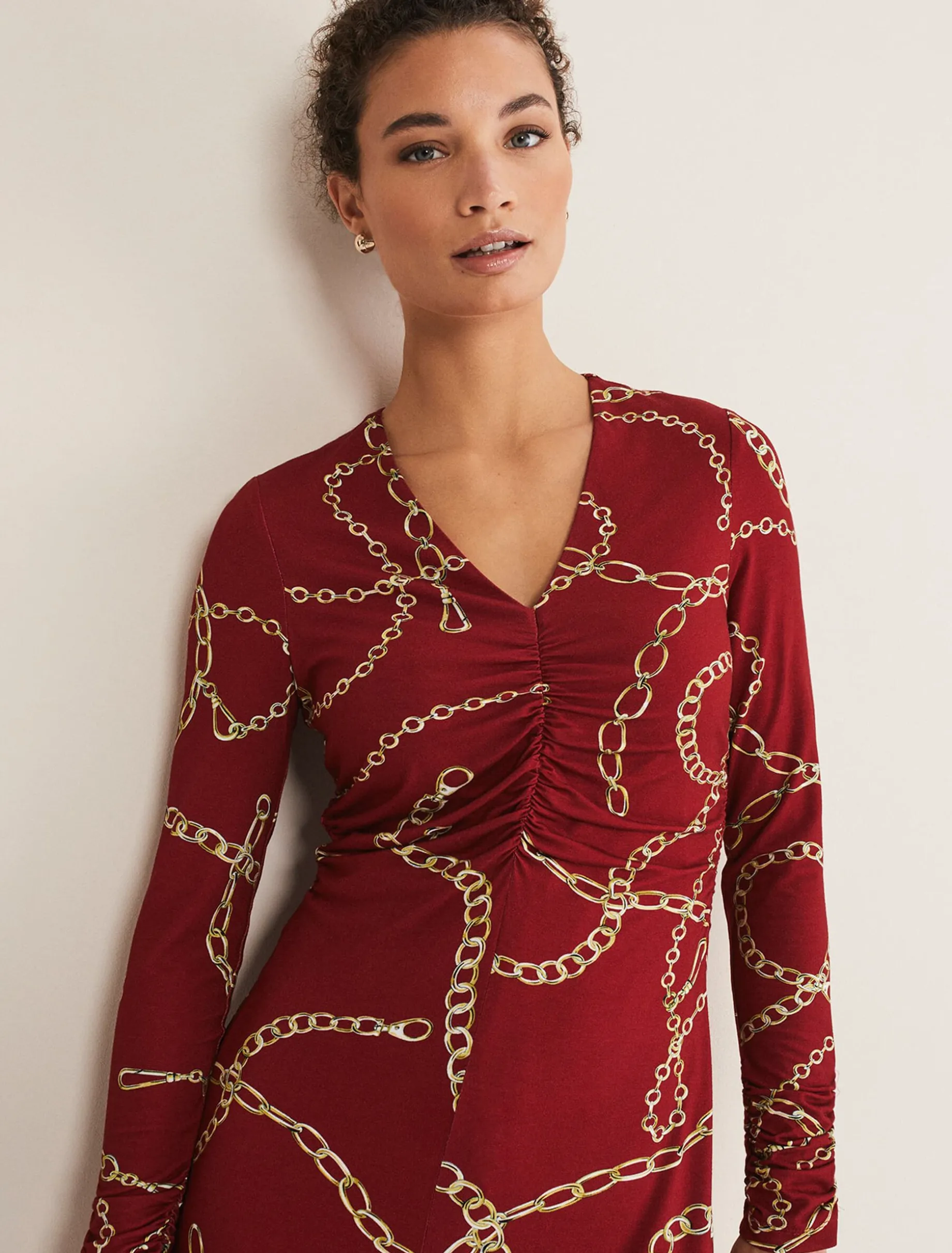 Cheska Chain Print Ruched Midi Dress