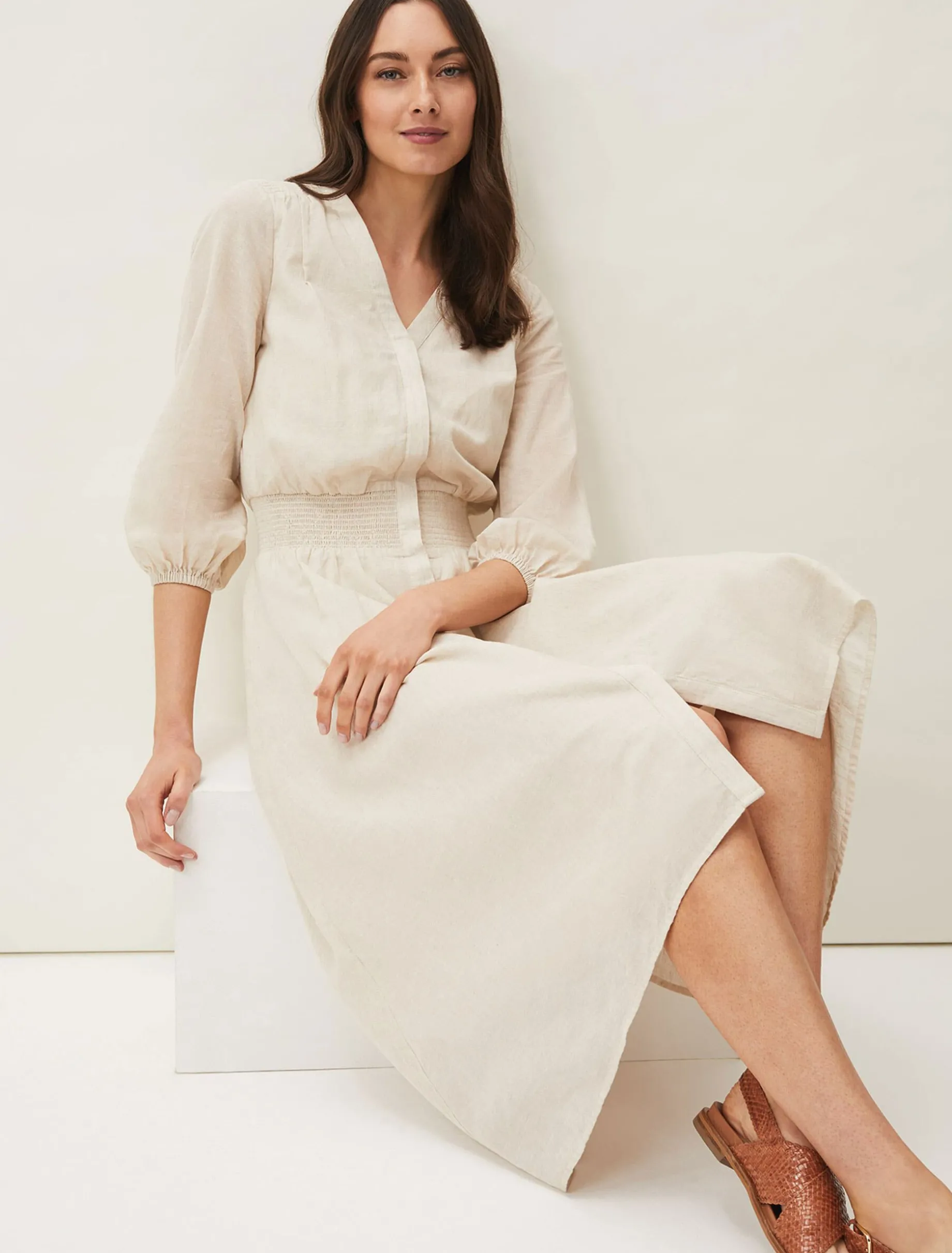 Elma Shirred Waist Puff Sleeve Midi Dress