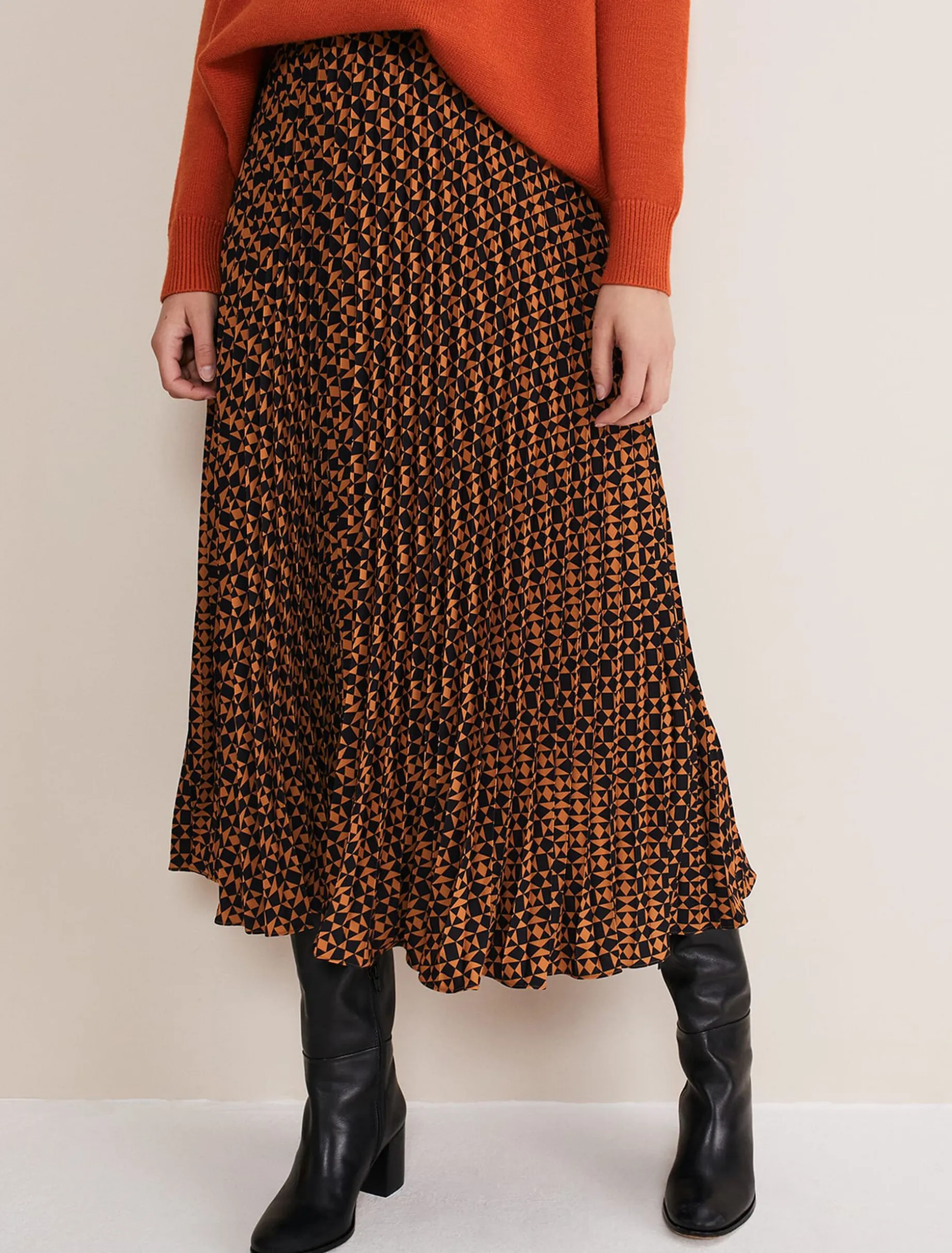 Elmina Pleated Geo Print Midi Skirt