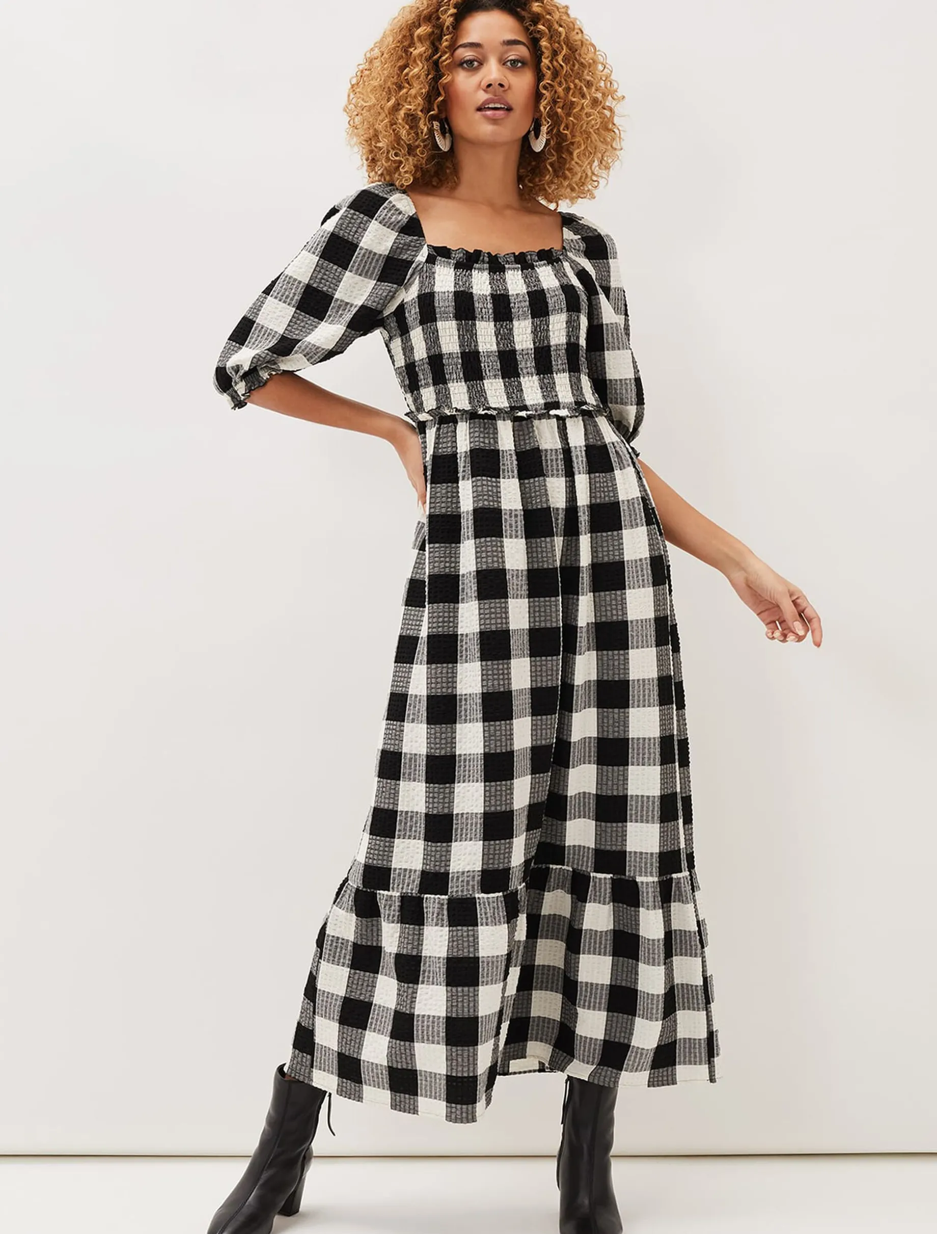 Evlin Gingham Square Neck Dress