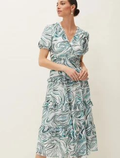 Iona Swirls Print Tiered Short Sleeved Midi Dress