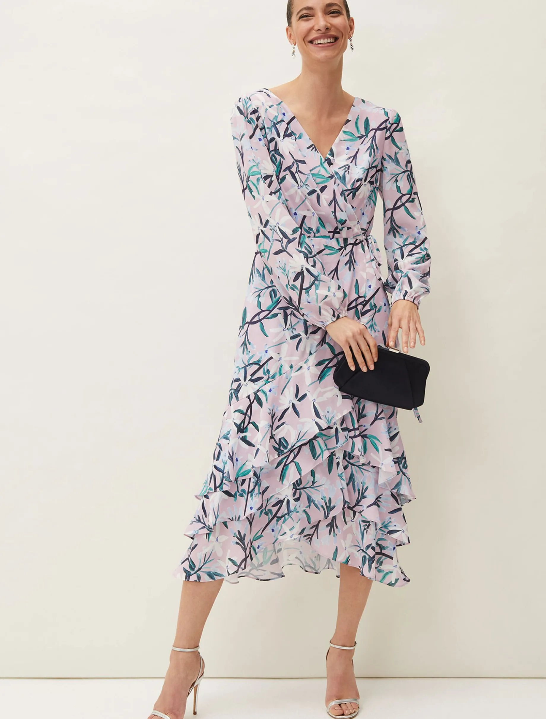 Jenna Floral Long Sleeved V-Neck Midi Dress