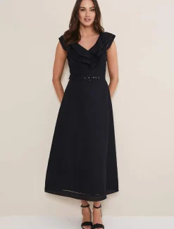 Julieta Frill Broderie Linen Midi Dress
