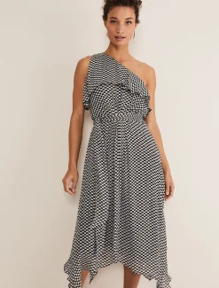 Kaz Checked One Shoulder Midi Dress