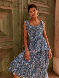 Lisha Spot Pleated Tiered Midi Dress