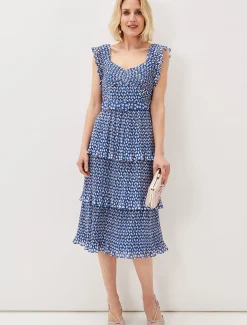 Lisha Spot Pleated Tiered Midi Dress