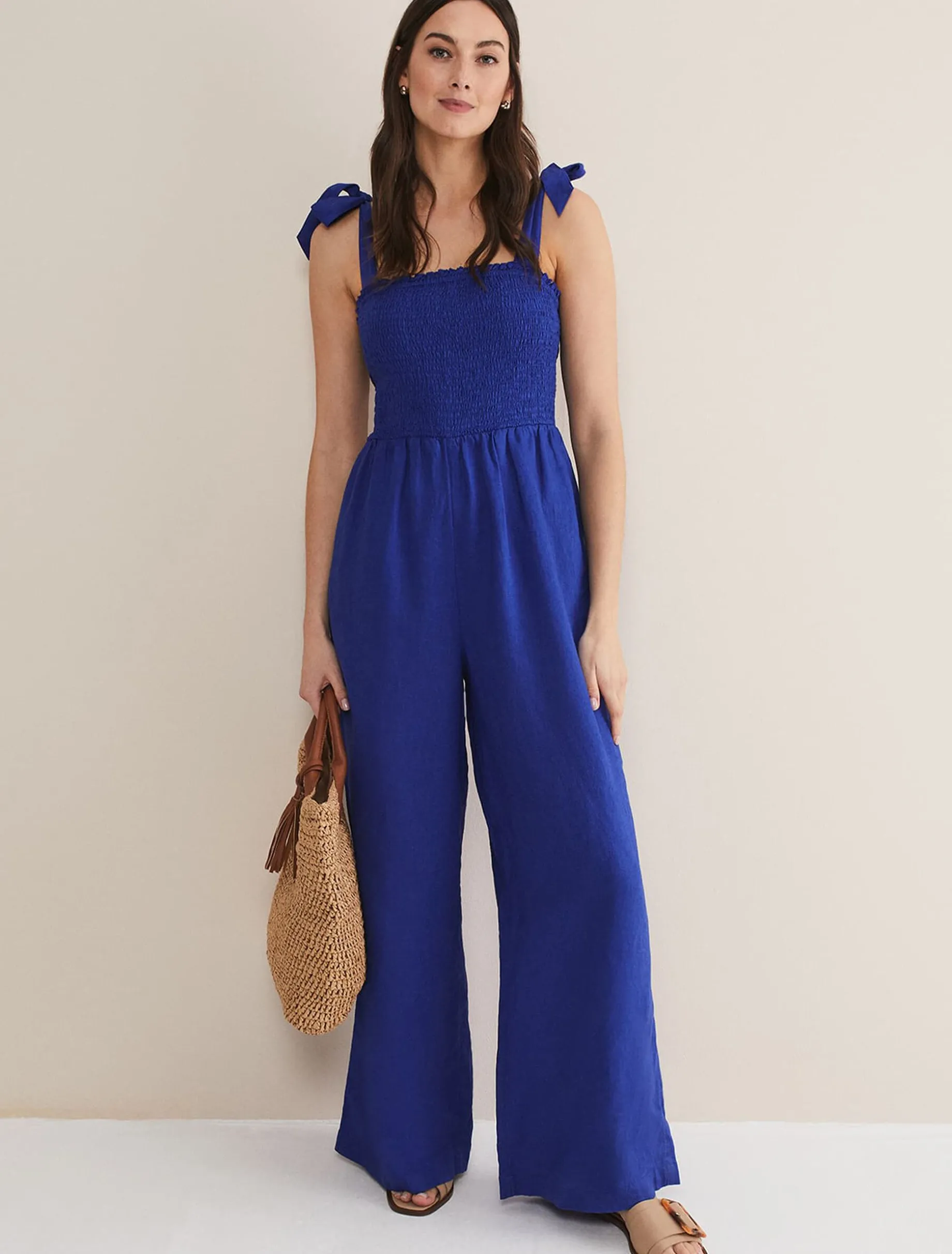 Ona Linen Shirred Wide Leg Jumpsuit